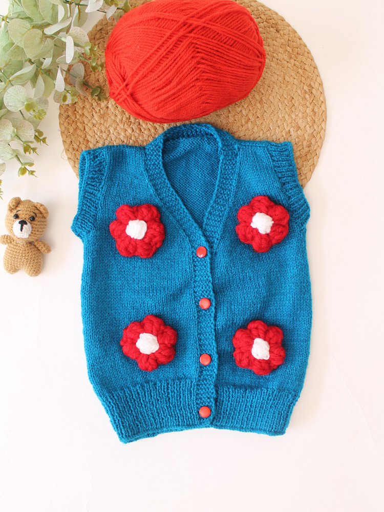 Image of Woonie Handknitted Floral Applique Sweater/Vest - Blue