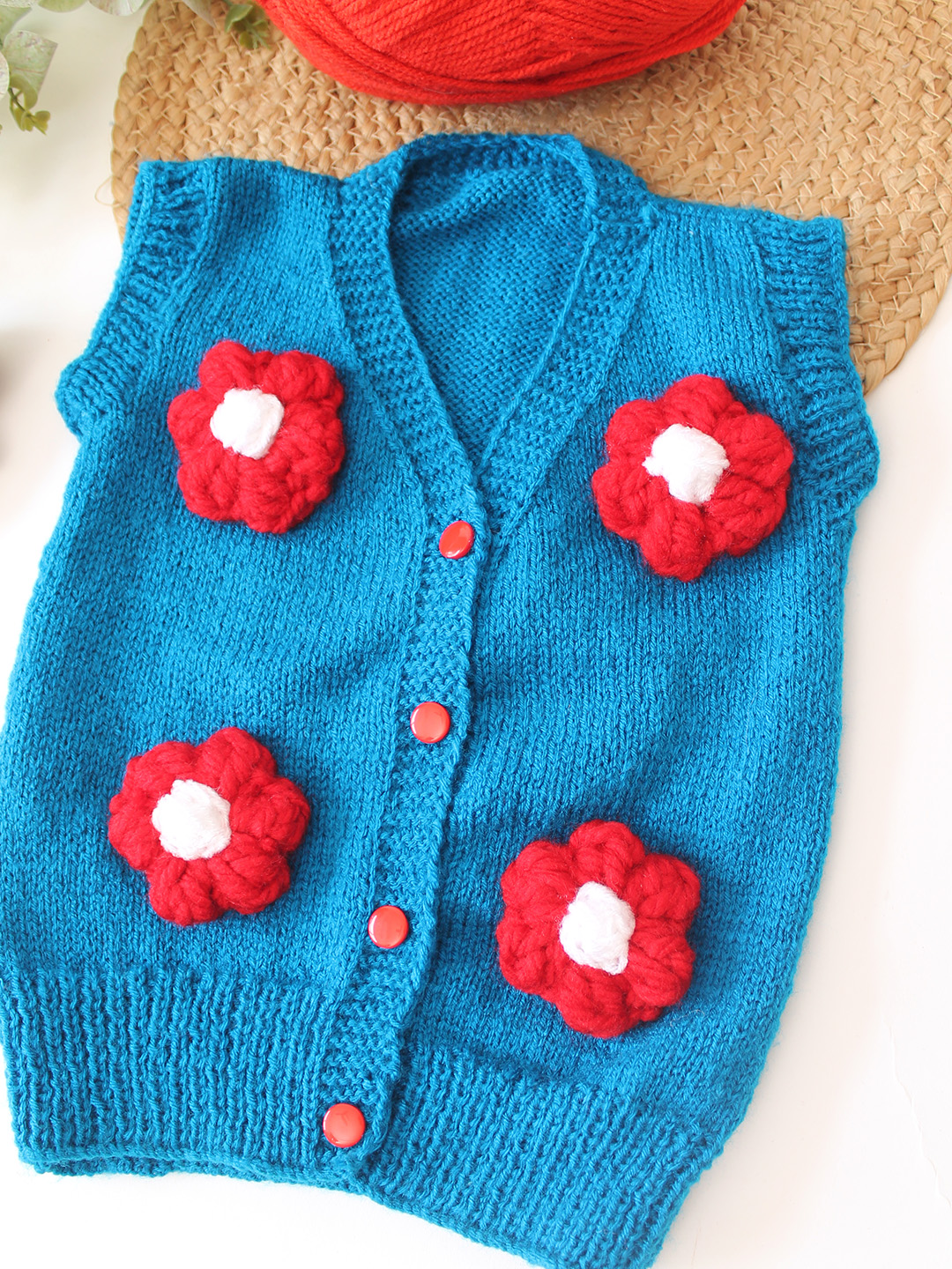Woonie Handknitted Floral Applique SweaterVest - Blue