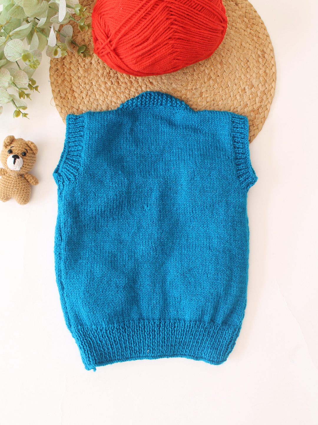 Woonie Handknitted Floral Applique SweaterVest - Blue