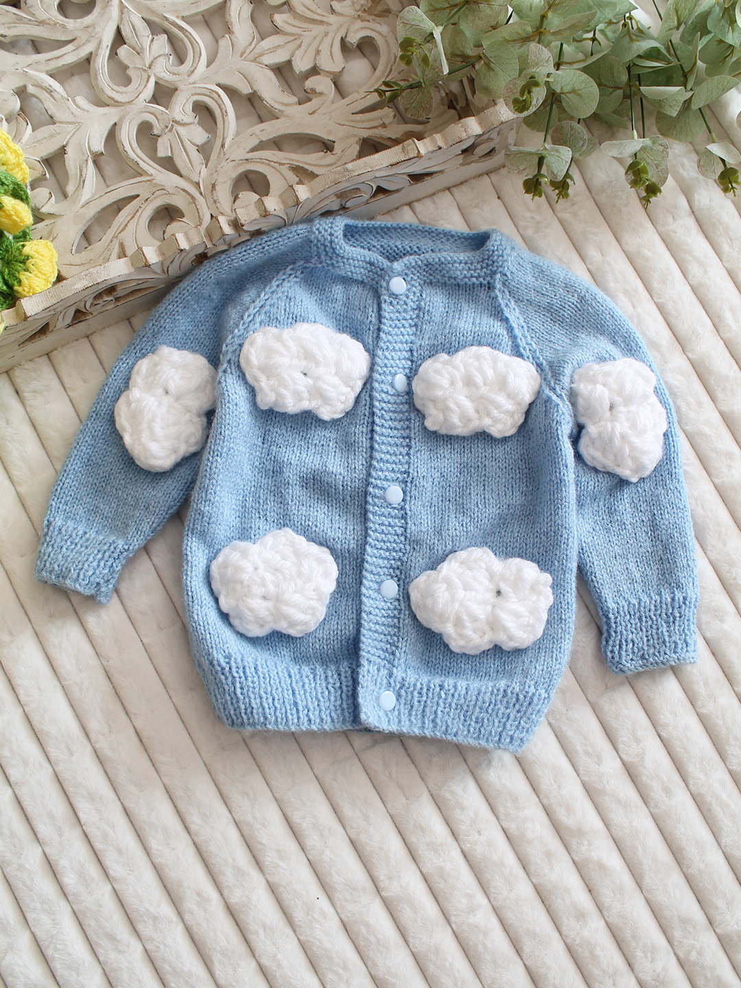 Woonie Handknitted Cloud Applique Sweater - Sky Blue