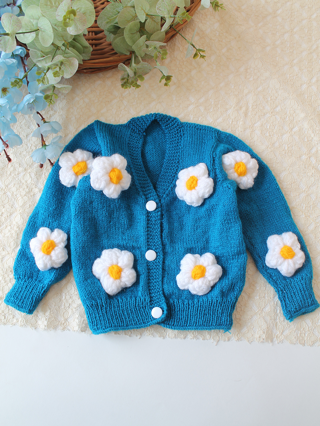 Woonie Handknitted Floral Applique Sweater - Blue