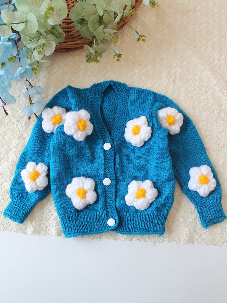 Image of Woonie Handknitted Floral Applique Sweater - Blue