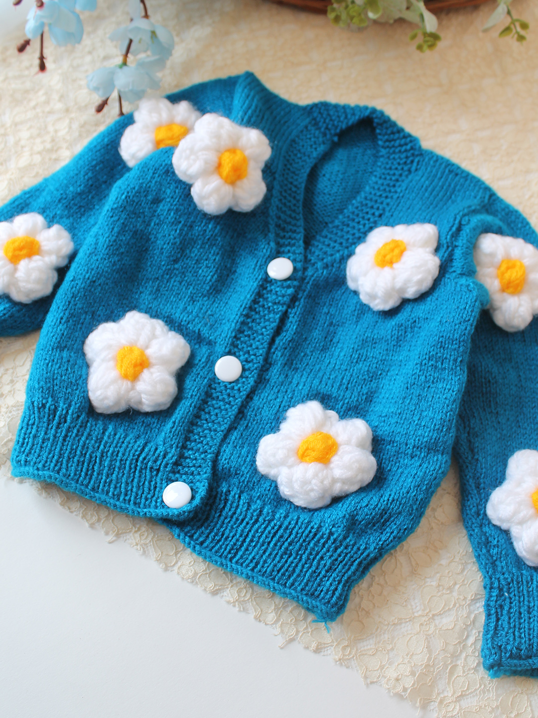Woonie Handknitted Floral Applique Sweater - Blue
