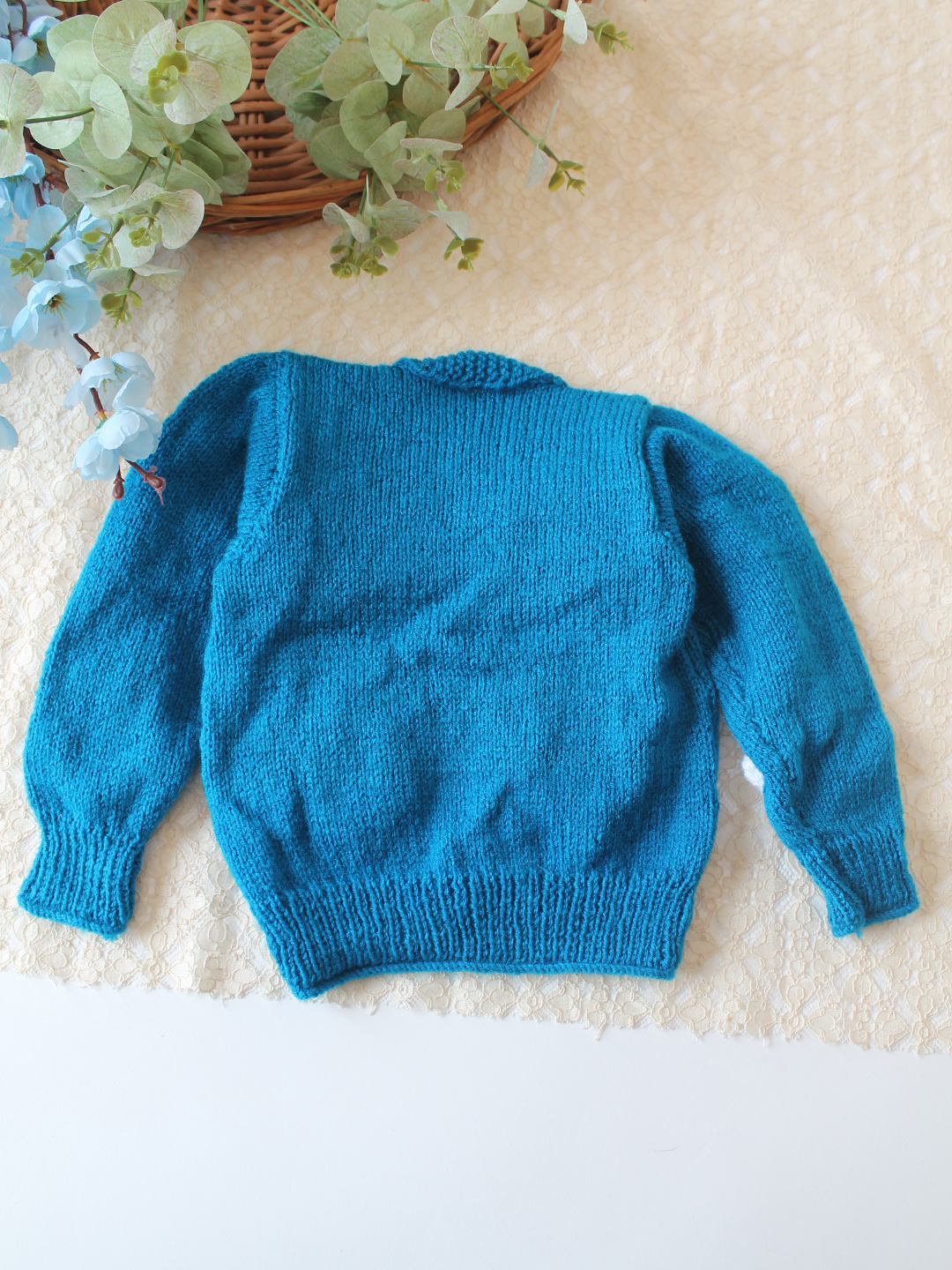 Woonie Handknitted Floral Applique Sweater - Blue