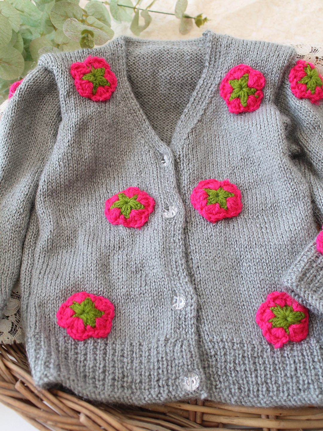 Woonie Handknitted Floral Applique Sweater - Dark Grey