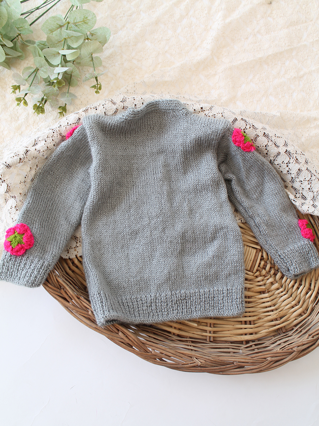 Woonie Handknitted Floral Applique Sweater - Dark Grey