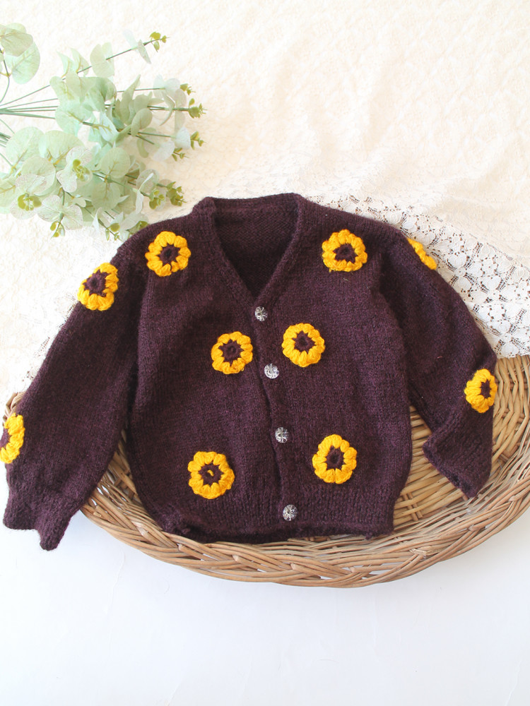 Image of Woonie Handknitted Floral Applique Sweater - Brown