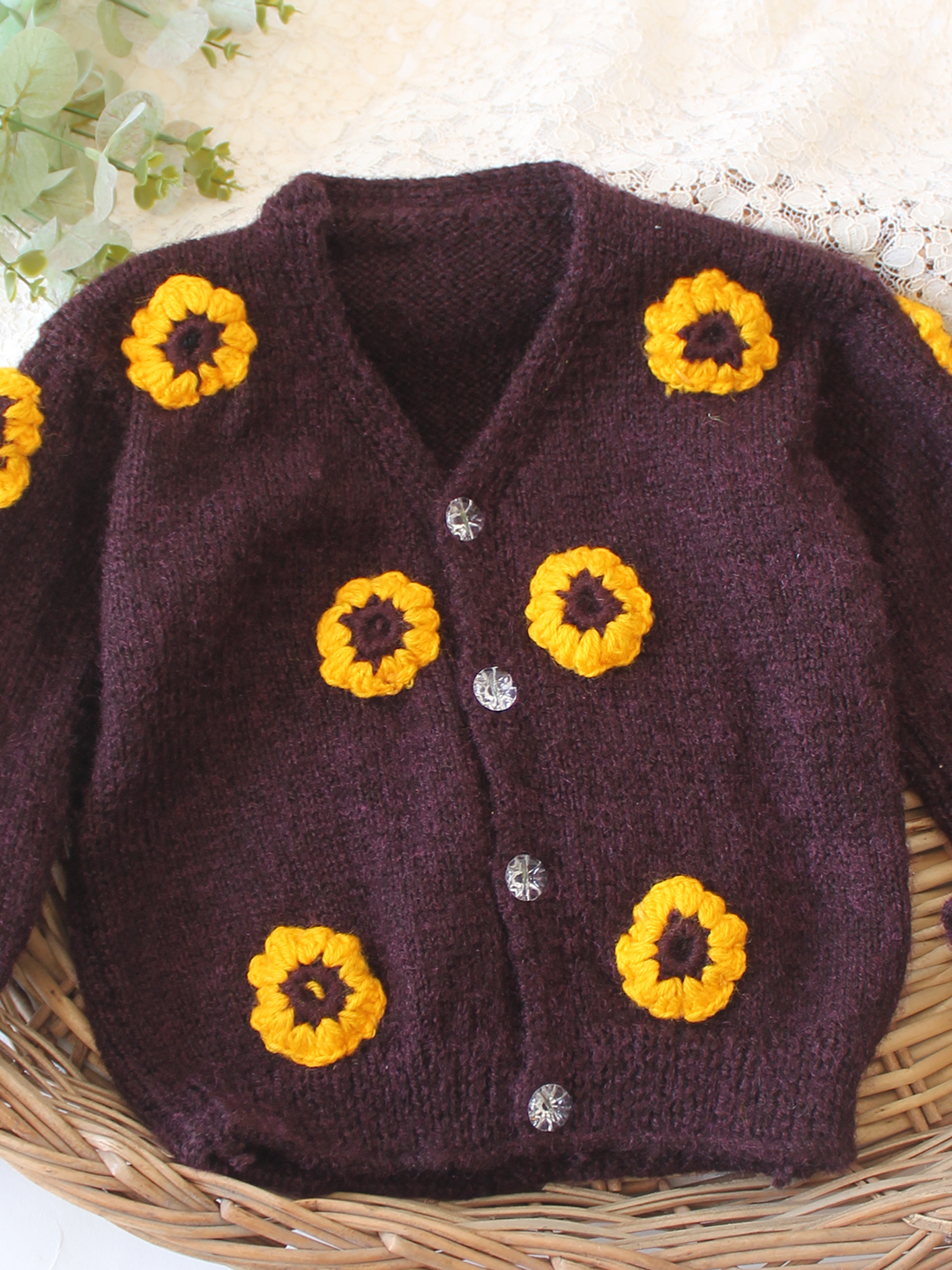 Woonie Handknitted Floral Applique Sweater - Brown