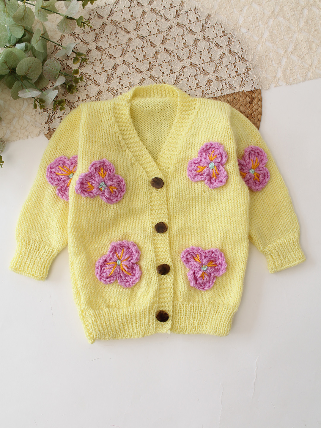 Woonie Handknitted Floral Applique Sweater - Yellow