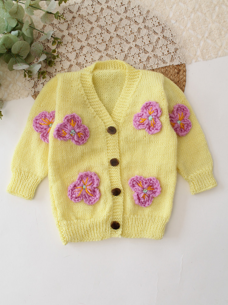 Image of Woonie Handknitted Floral Applique Sweater - Yellow