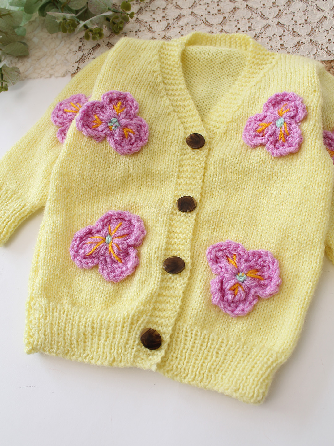 Woonie Handknitted Floral Applique Sweater - Yellow