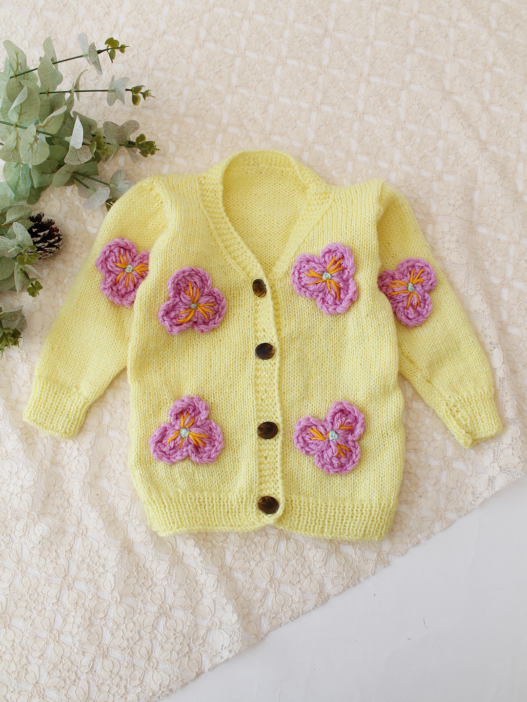 Woonie Handknitted Floral Applique Sweater - Yellow