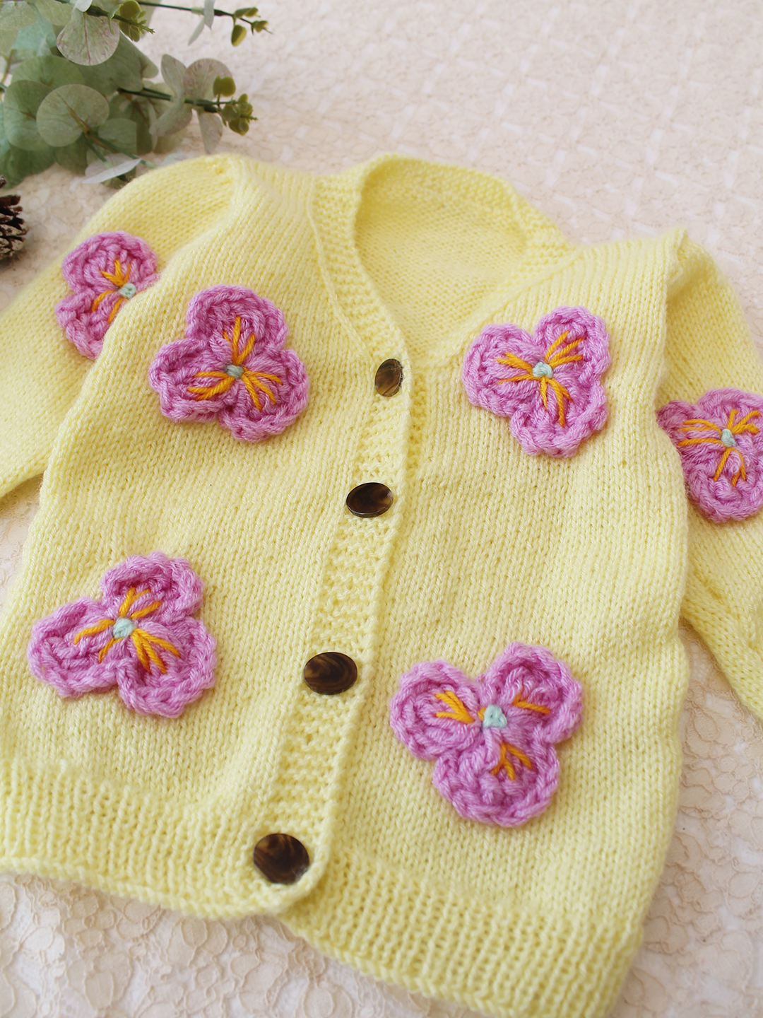 Woonie Handknitted Floral Applique Sweater - Yellow