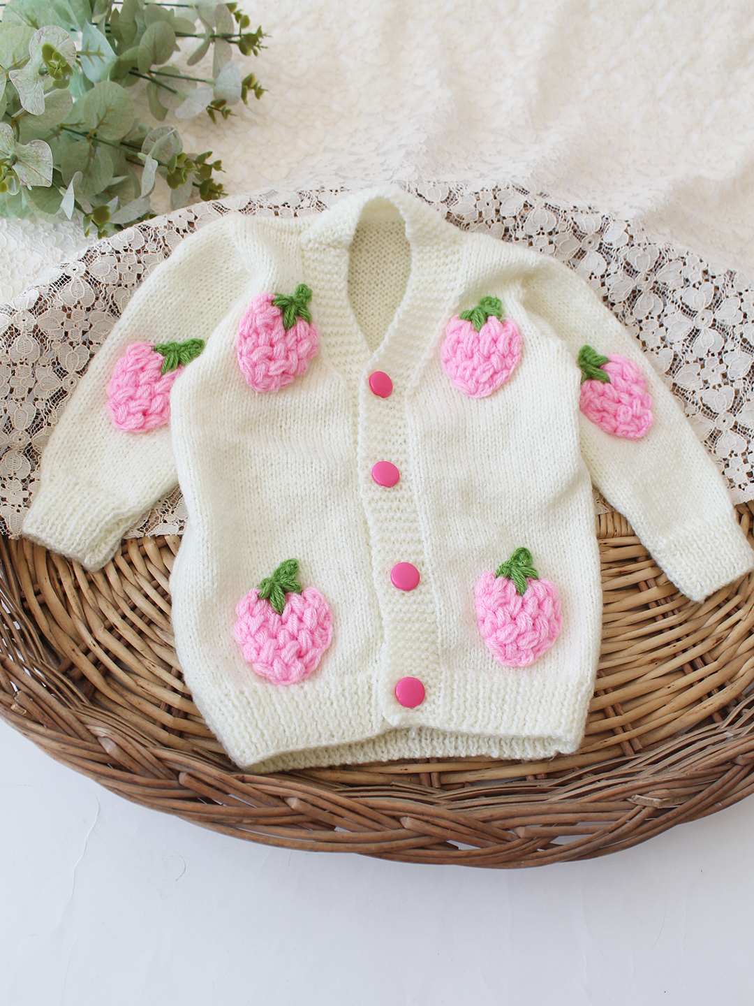 Woonie Handknitted Strawberry Applique Sweater - Cream