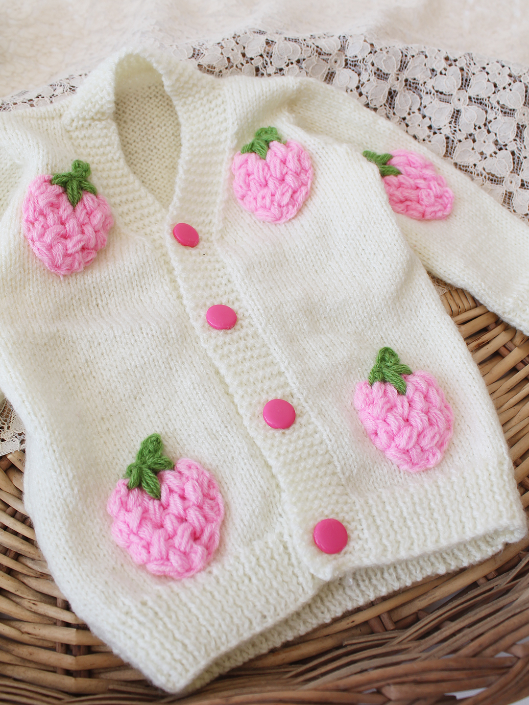 Woonie Handknitted Strawberry Applique Sweater - Cream