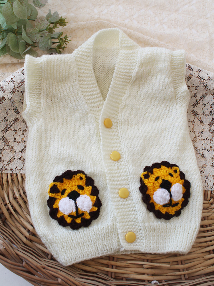 Image of Woonie Handknitted Lion Face Applique Sweater/Vest - Cream
