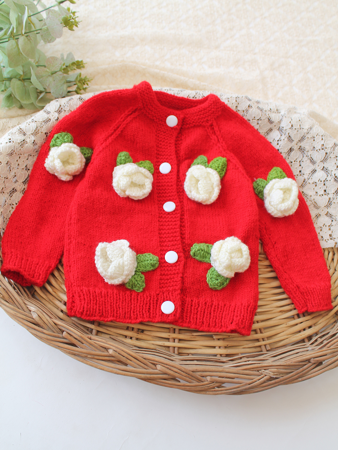 Woonie Handknitted Floral Applique Sweater - Red