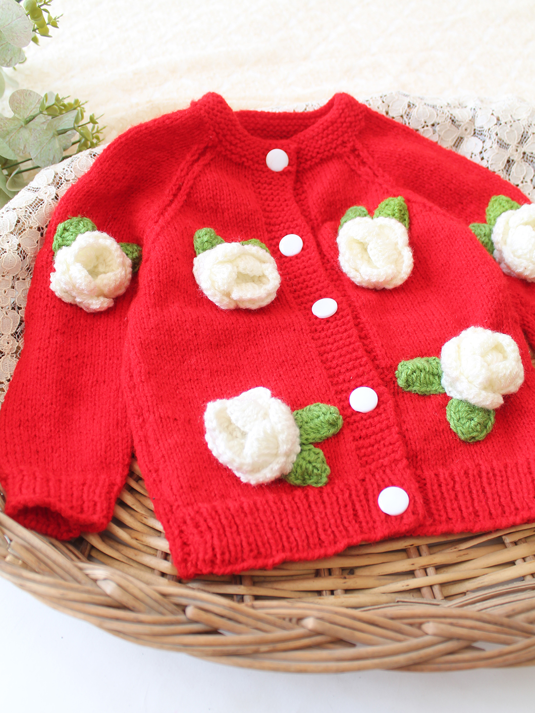 Woonie Handknitted Floral Applique Sweater - Red