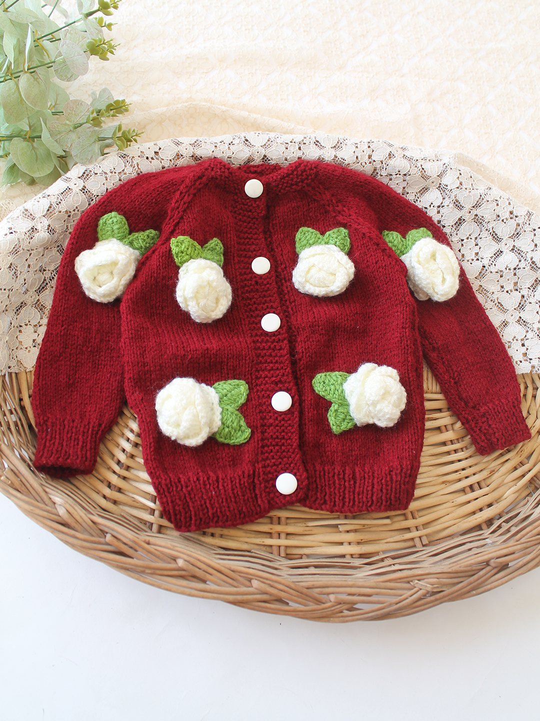 Woonie Handknitted Floral Applique Sweater - Maroon