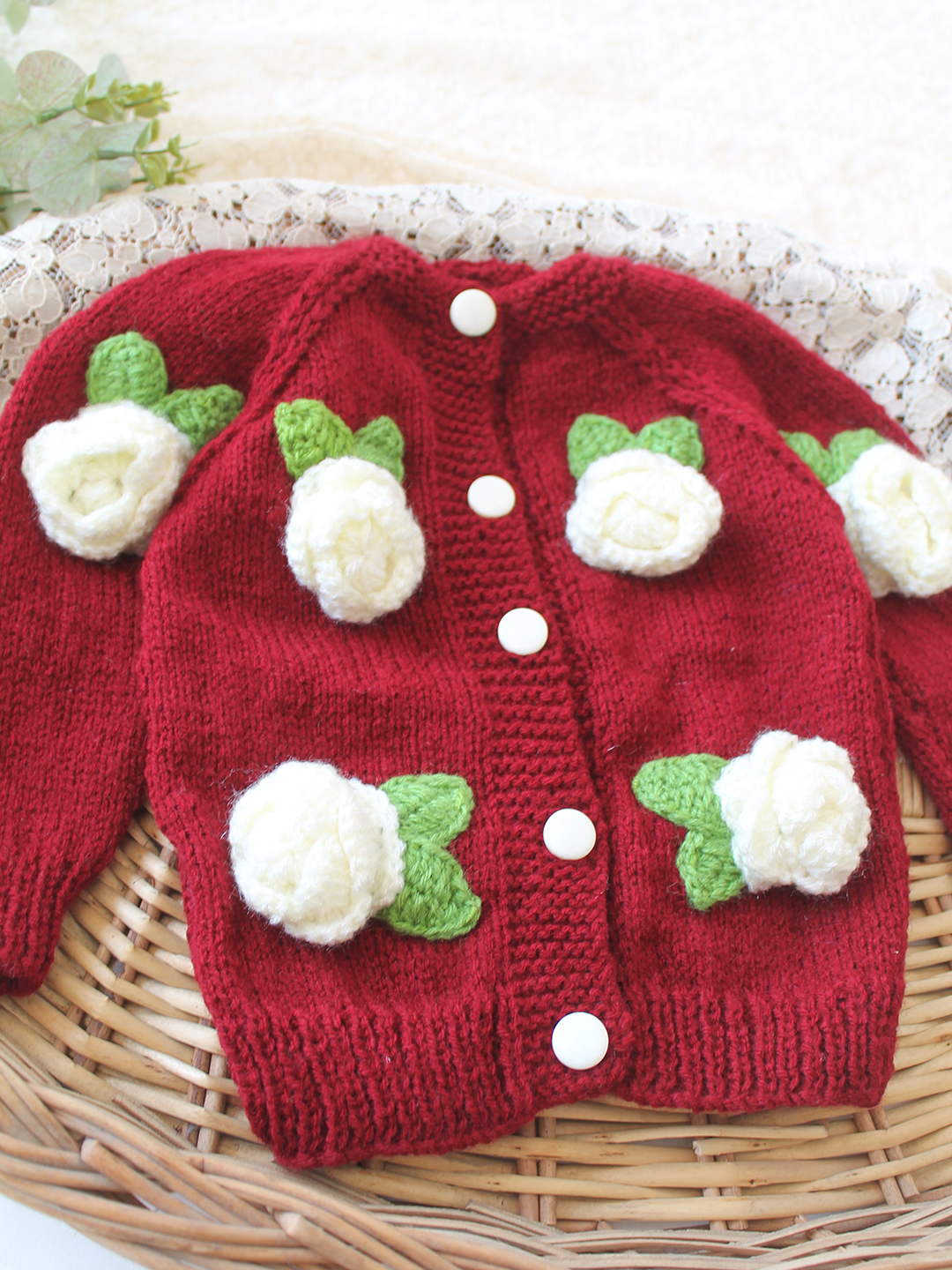 Woonie Handknitted Floral Applique Sweater - Maroon