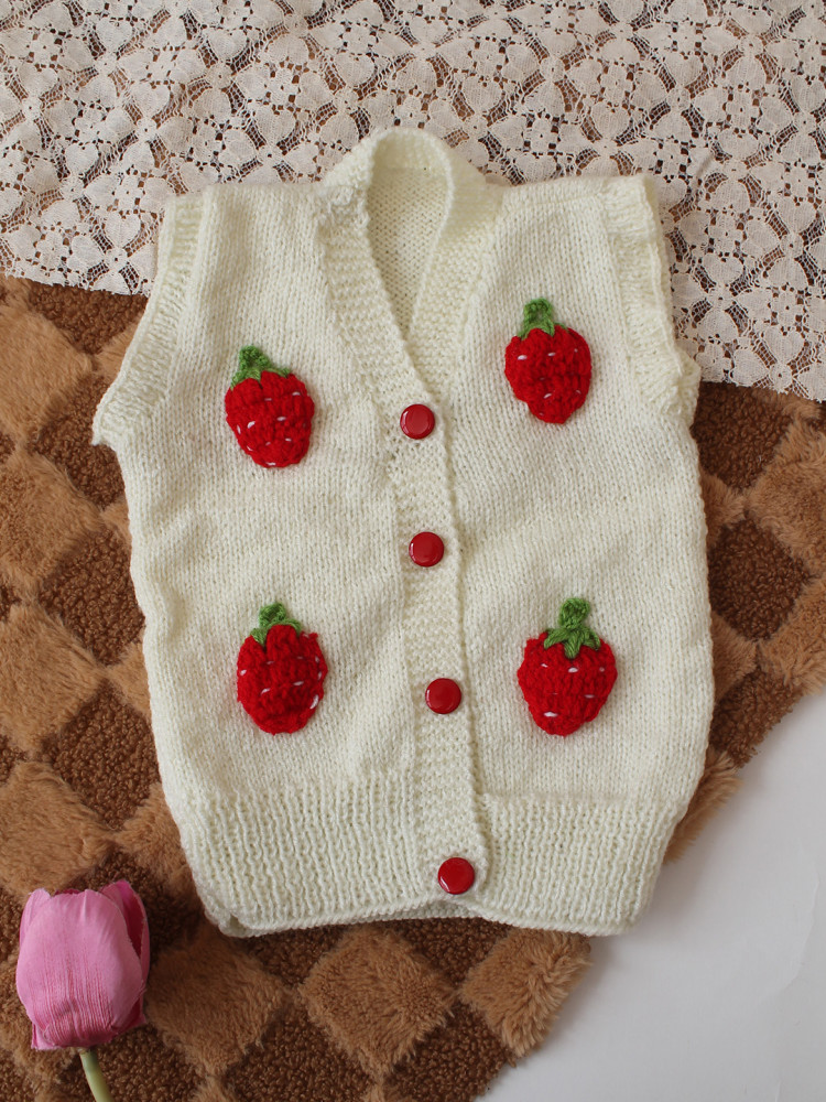 Image of Woonie Handknitted Strawberry Applique Sweater/Vest - Cream
