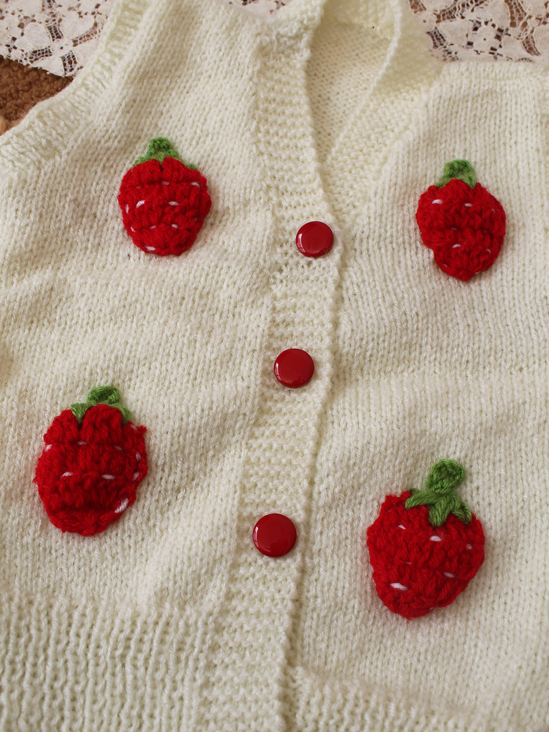 Woonie Handknitted Strawberry Applique SweaterVest - Cream