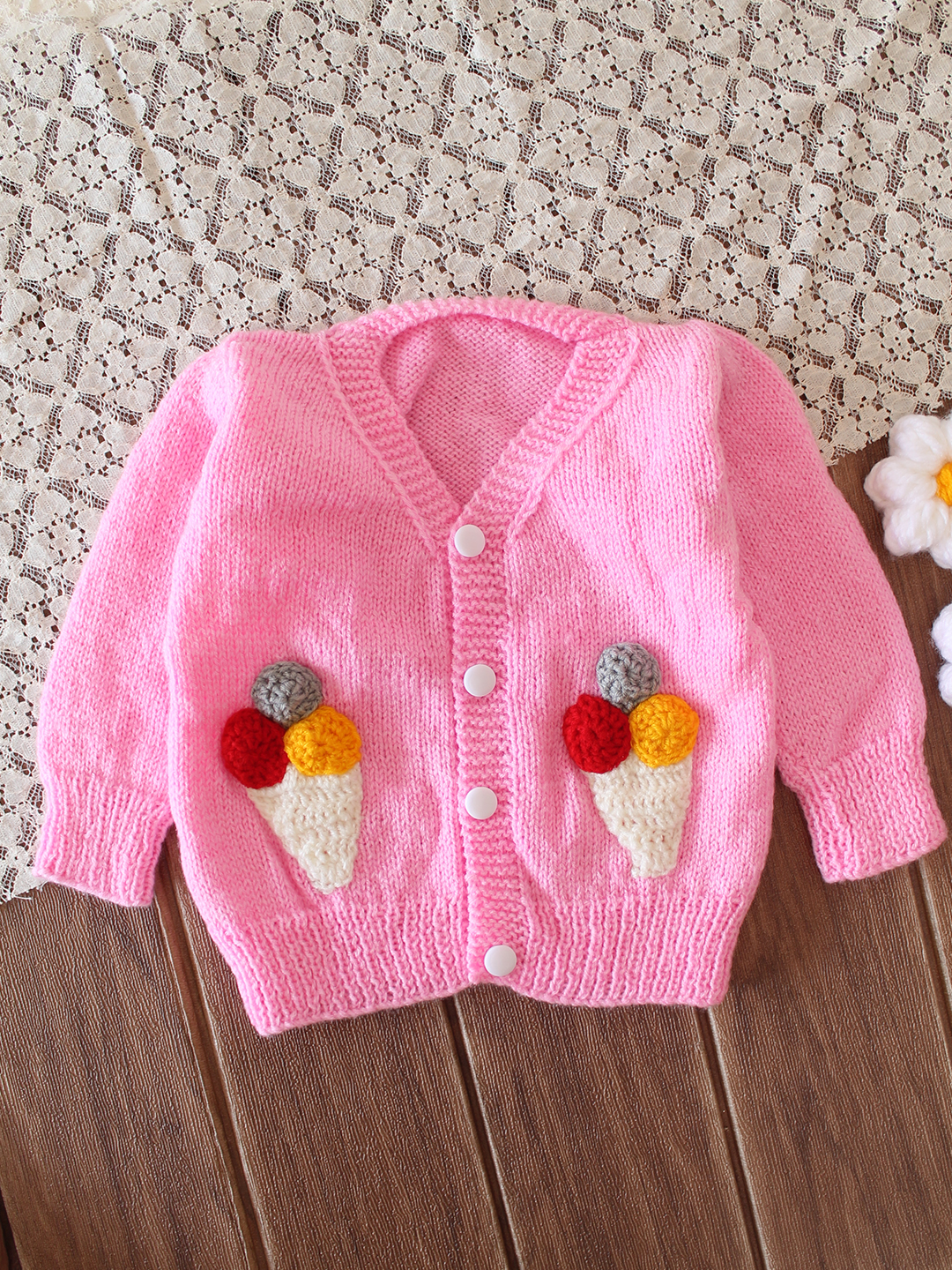 Woonie Handknitted Ice Cream Applique Sweater - Pink