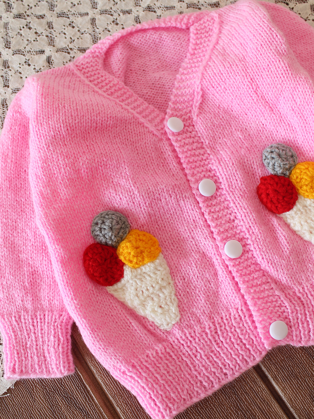 Woonie Handknitted Ice Cream Applique Sweater - Pink