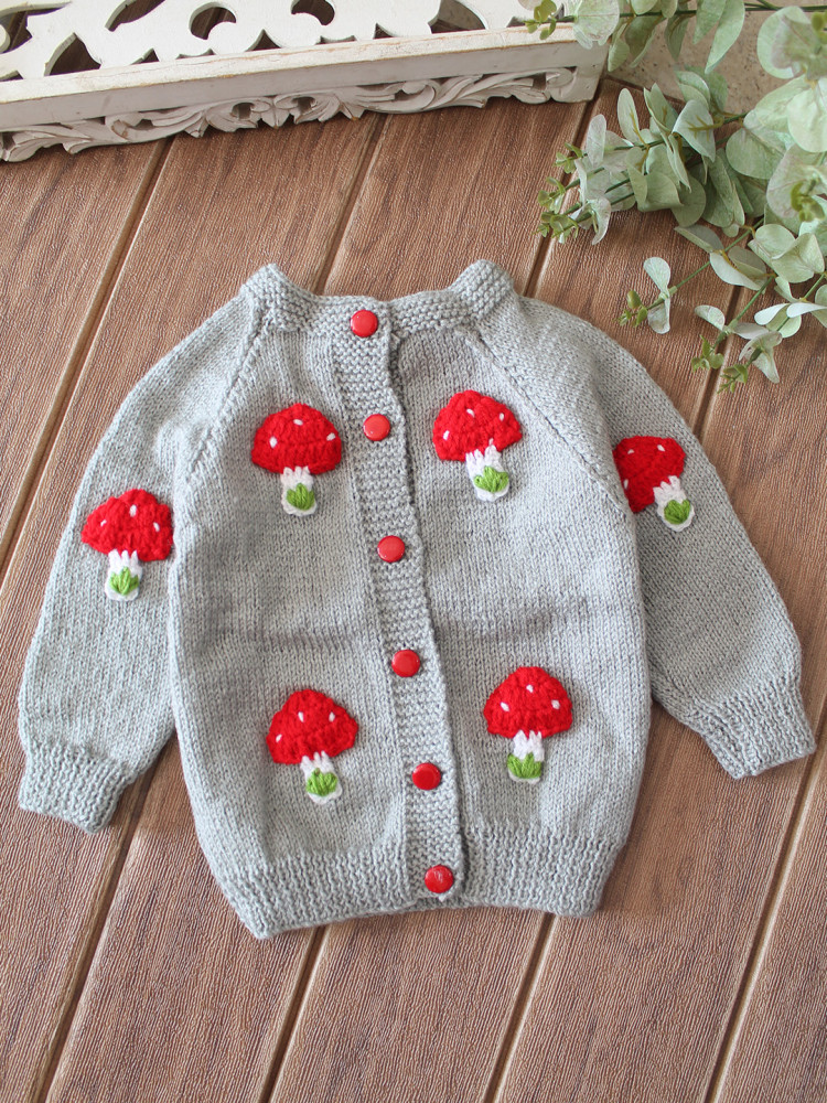 Image of Woonie Handknitted Mushroom Applique Sweater - Light Grey