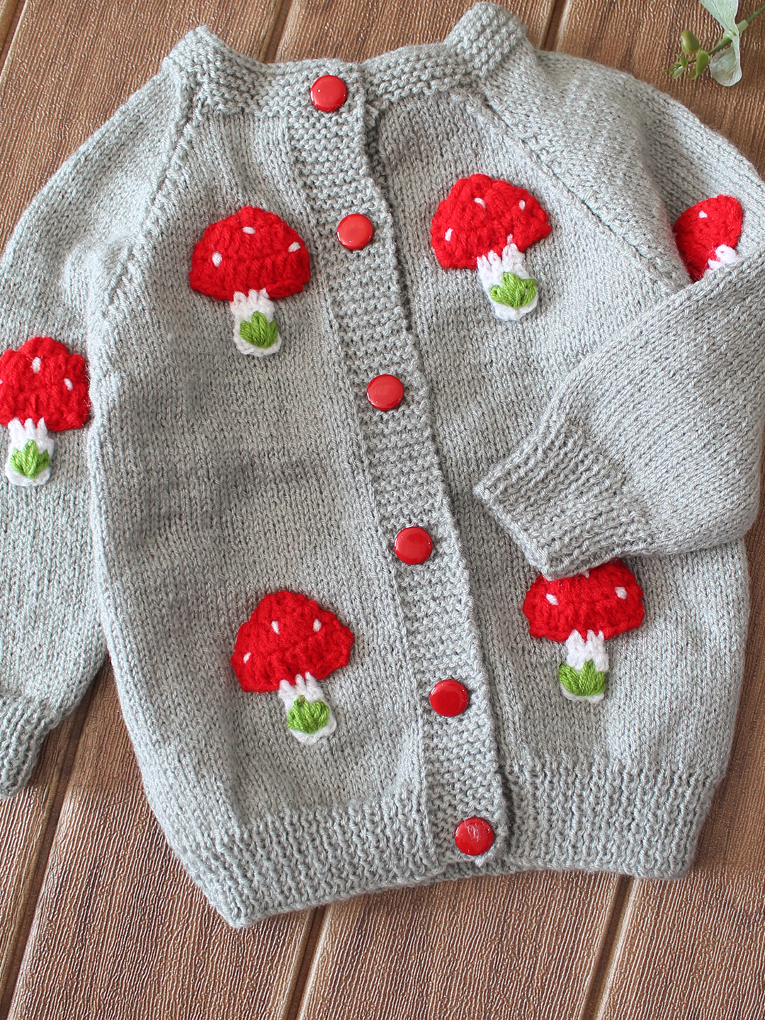 Woonie Handknitted Mushroom Applique Sweater - Light Grey