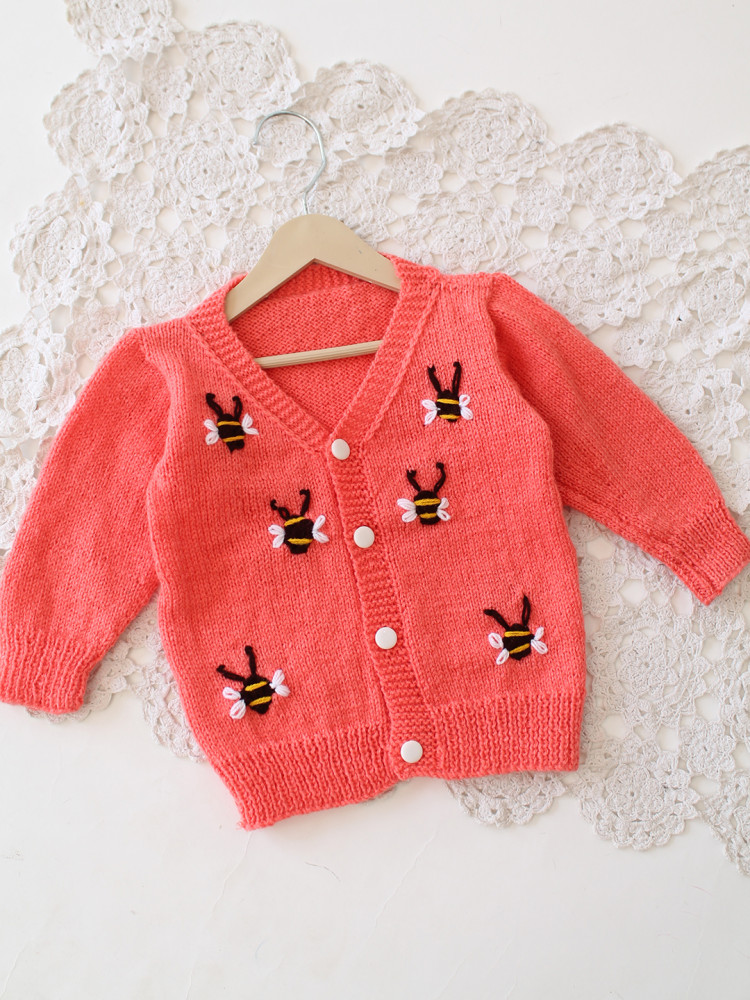 Image of Woonie Handknitted Bee Embroidered Sweater - Peach