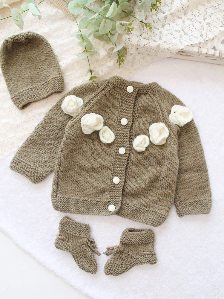 Image of Woonie Handknitted Floral Applique Sweater with Cap &amp; Socks - Dark Grey