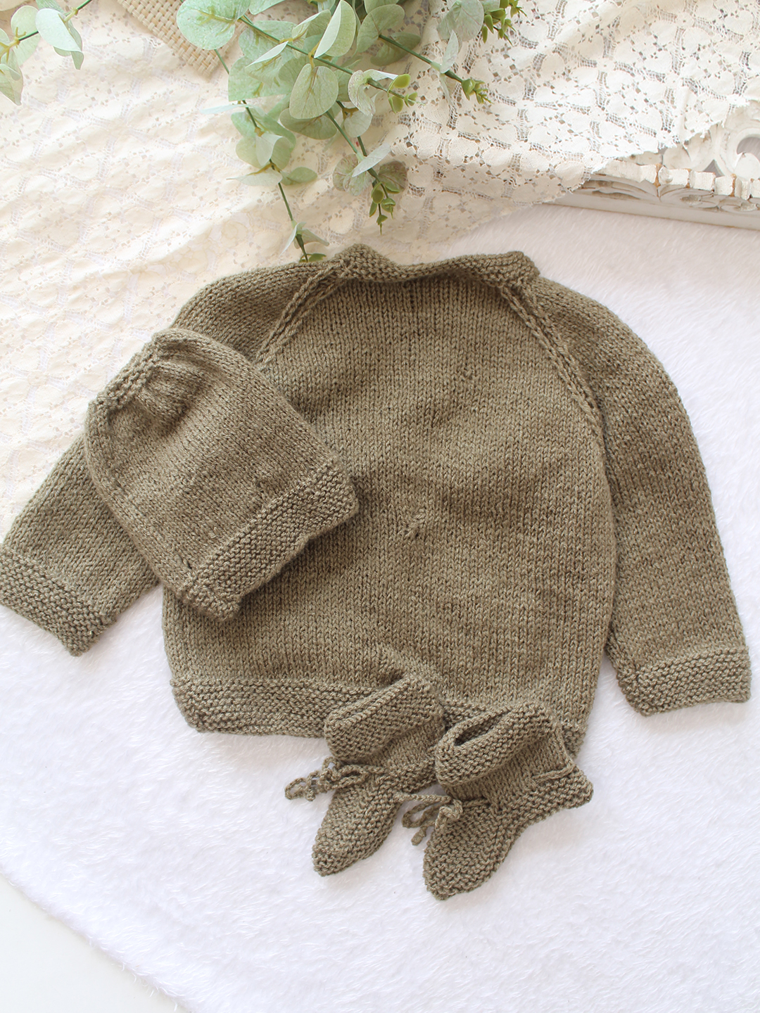 Woonie Handknitted Floral Applique Sweater with Cap & Socks - Dark Grey