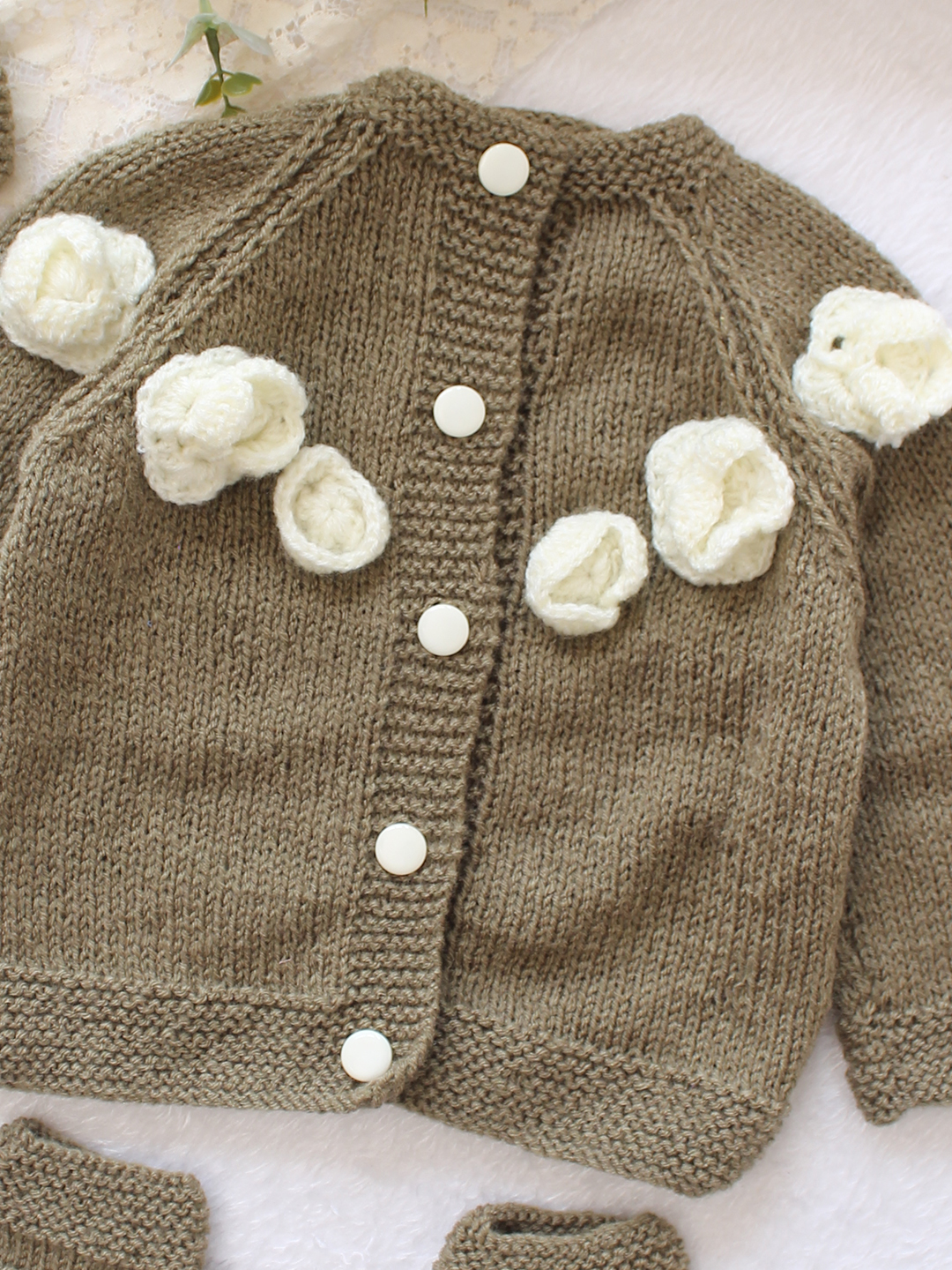 Woonie Handknitted Floral Applique Sweater with Cap & Socks - Dark Grey