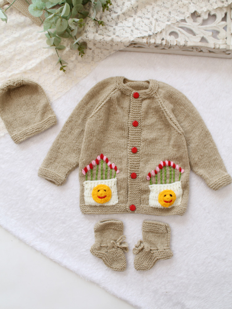 Image of Woonie Handknitted Floral Embroidered Pocket Detailed Sweater with Cap &amp; Socks - Beige