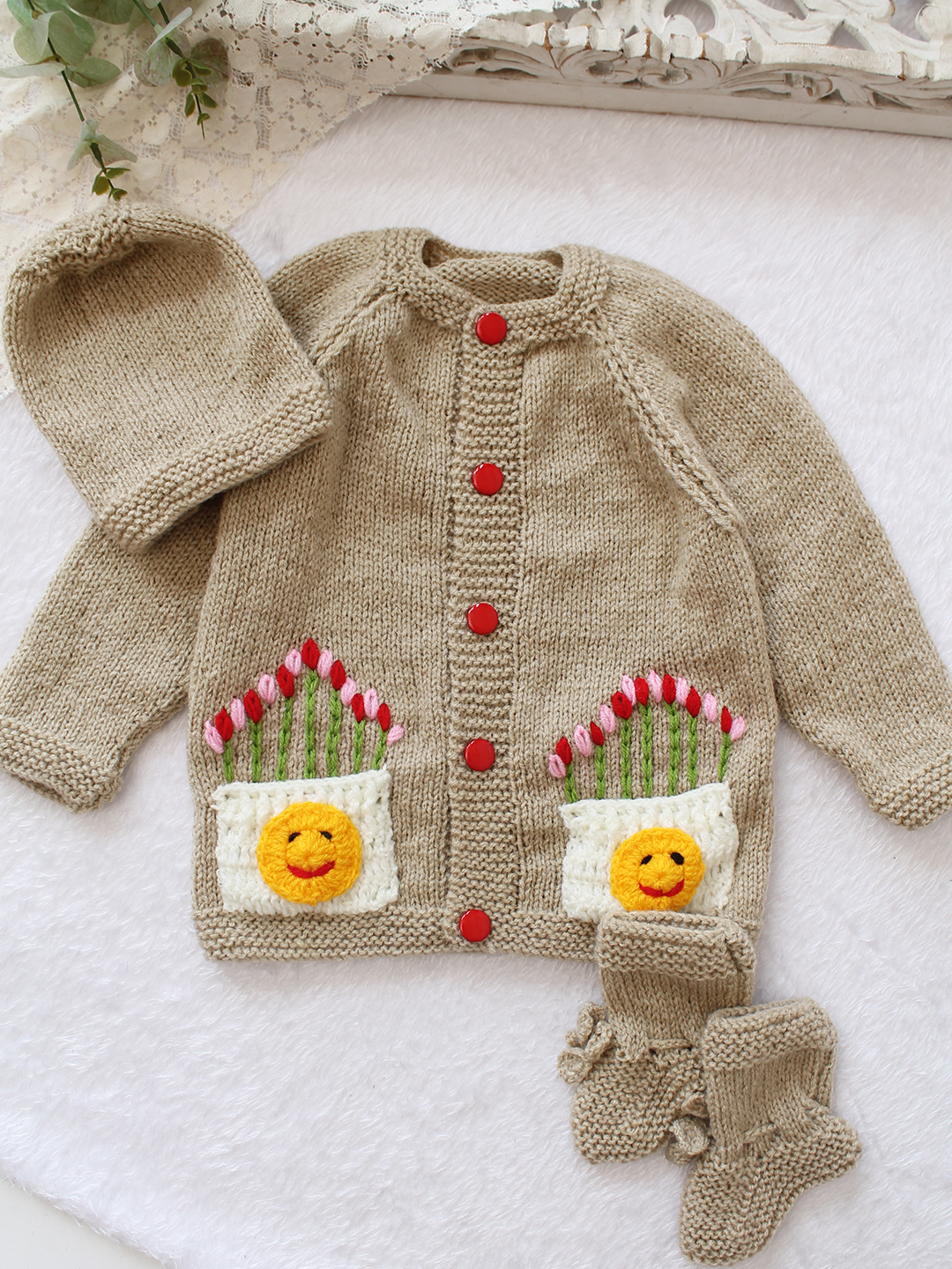Woonie Handknitted Floral Embroidered Pocket Detailed Sweater with Cap & Socks - Beige