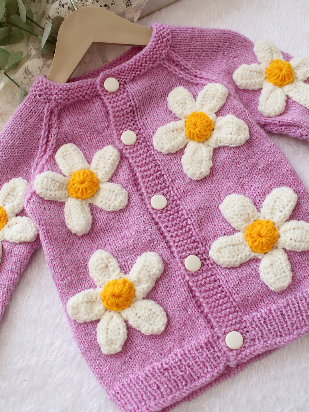 Woonie Handknitted Floral Applique Sweater - Purple