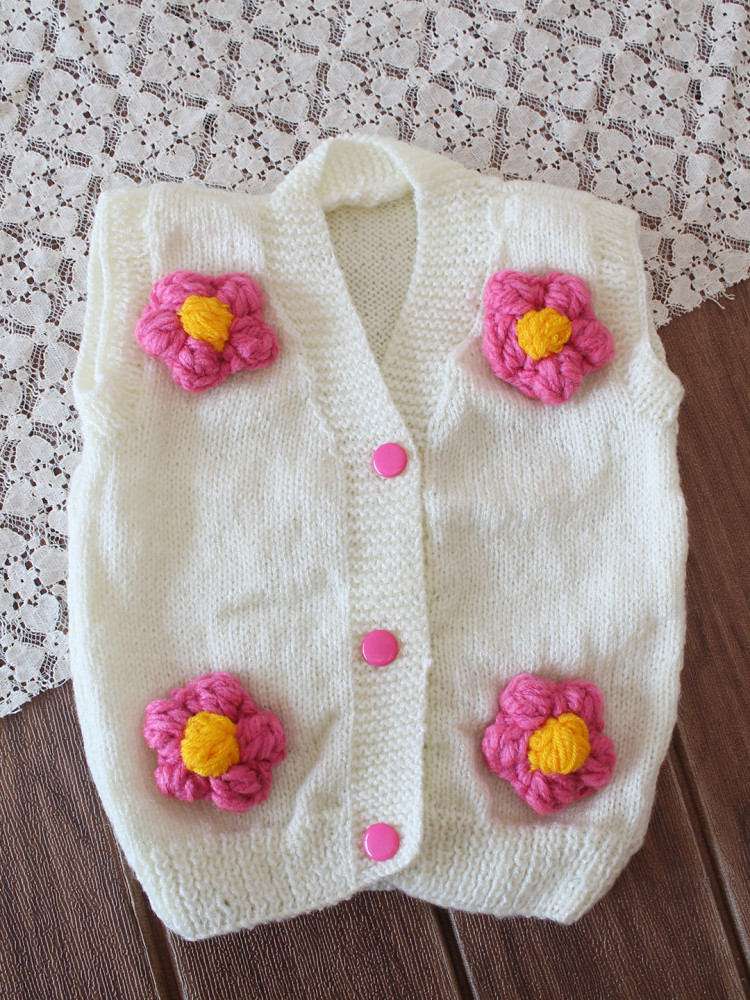 Image of Woonie Handknitted Floral Applique Sweater/Vest - White