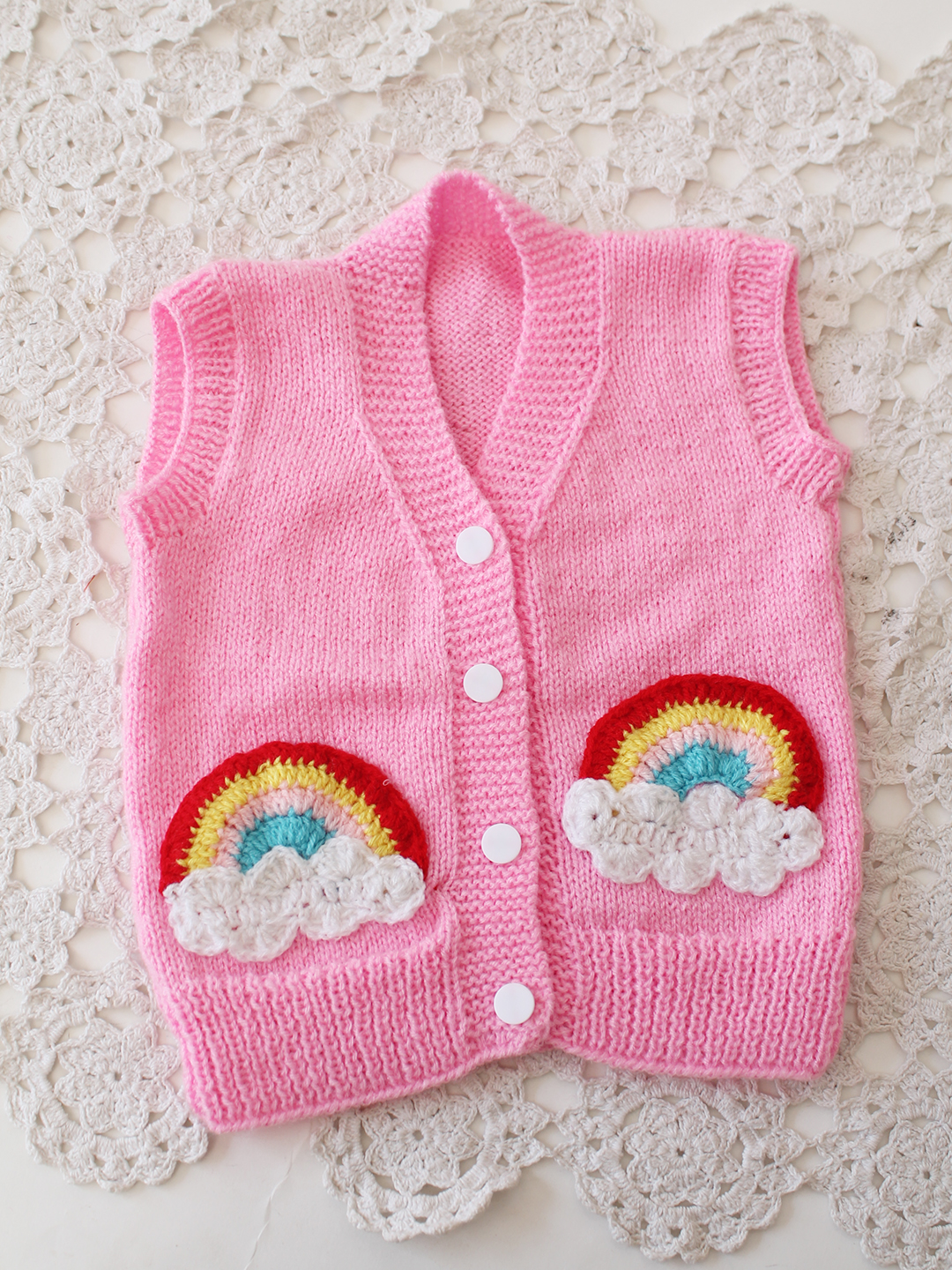 Woonie Handknitted Rainbow Applique SweaterVest - Pink