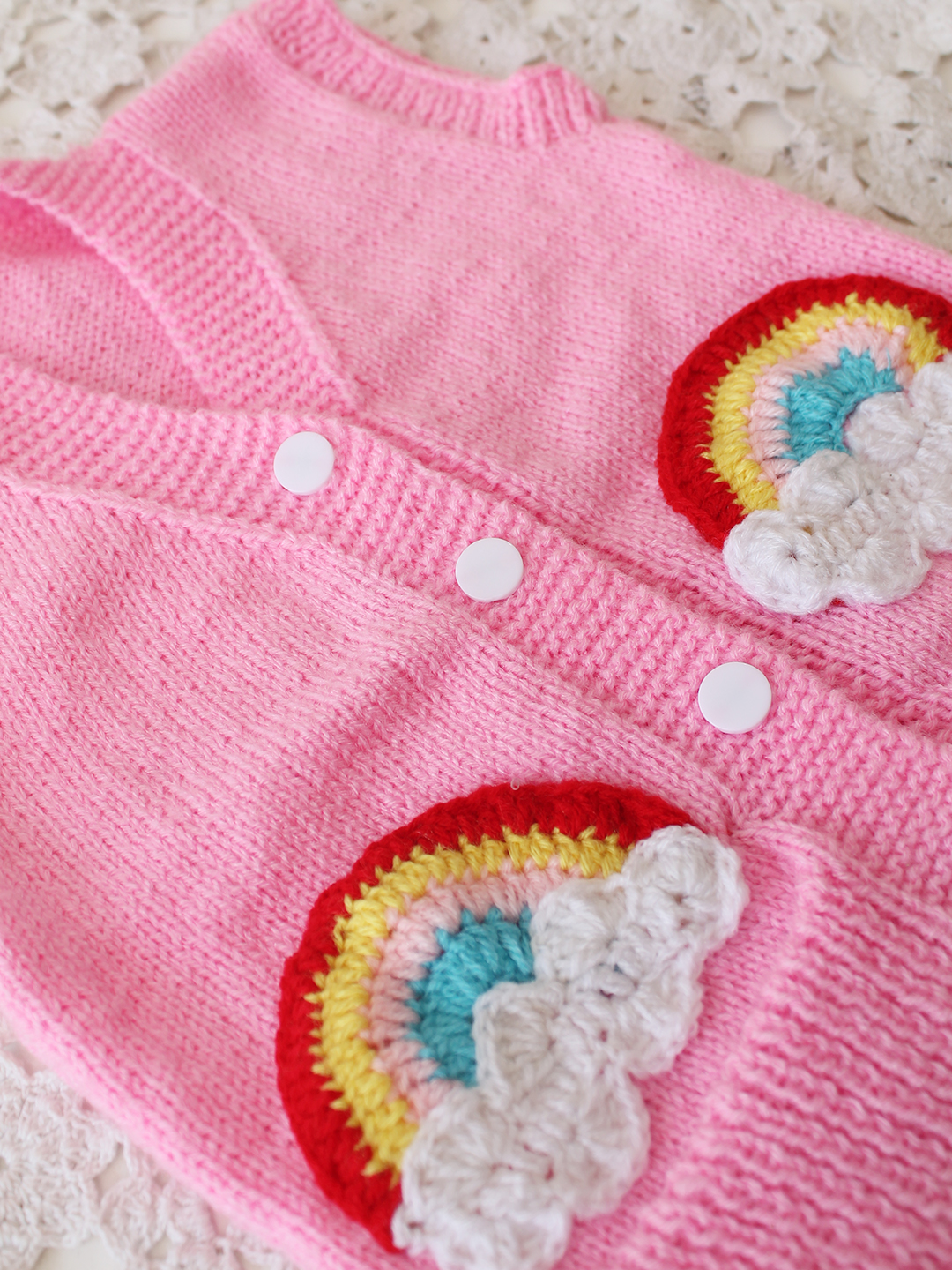 Woonie Handknitted Rainbow Applique SweaterVest - Pink