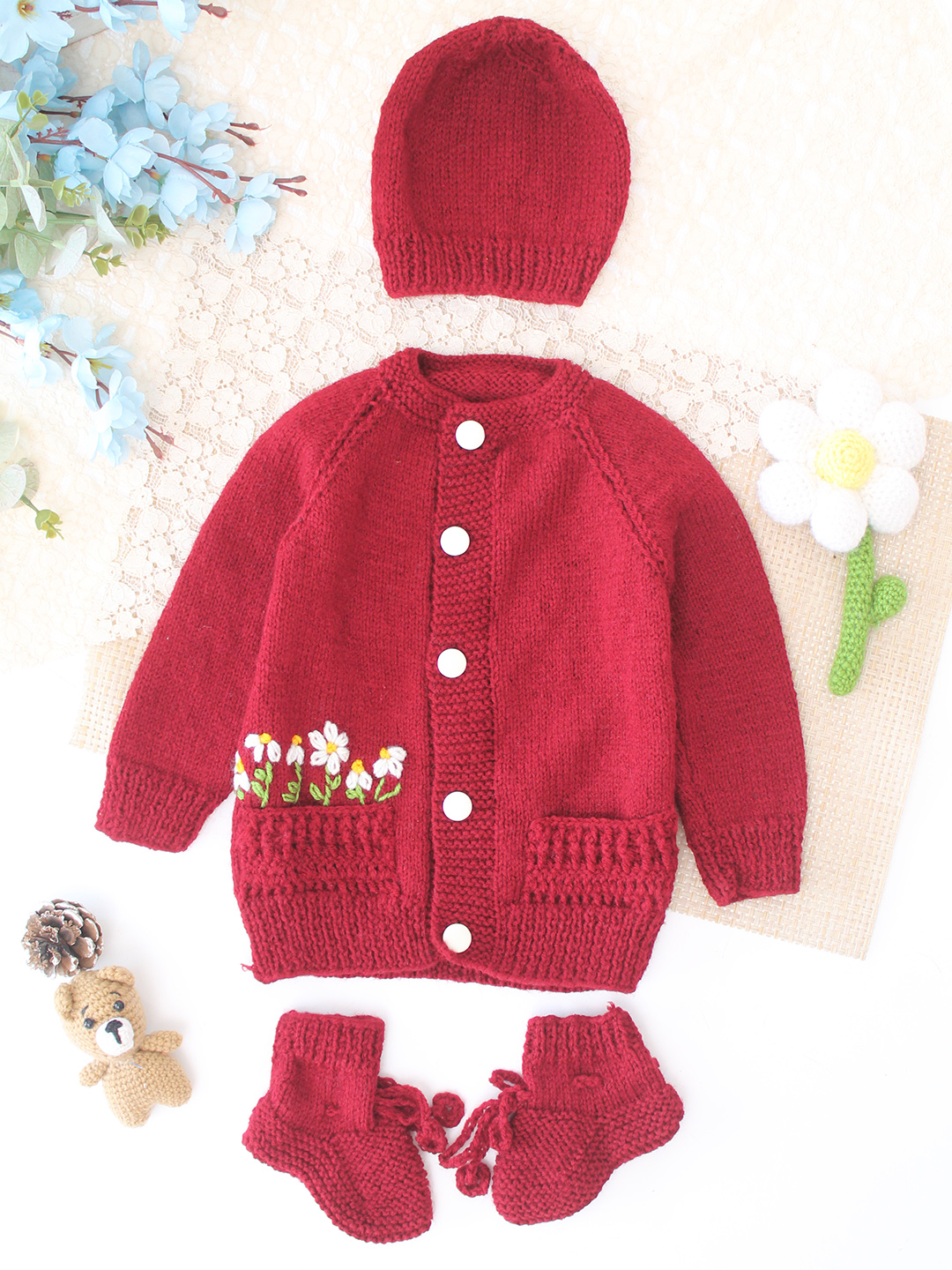 Woonie Handknitted Floral Embroidered Pocket Detailed Sweater with Cap & Socks - Maroon