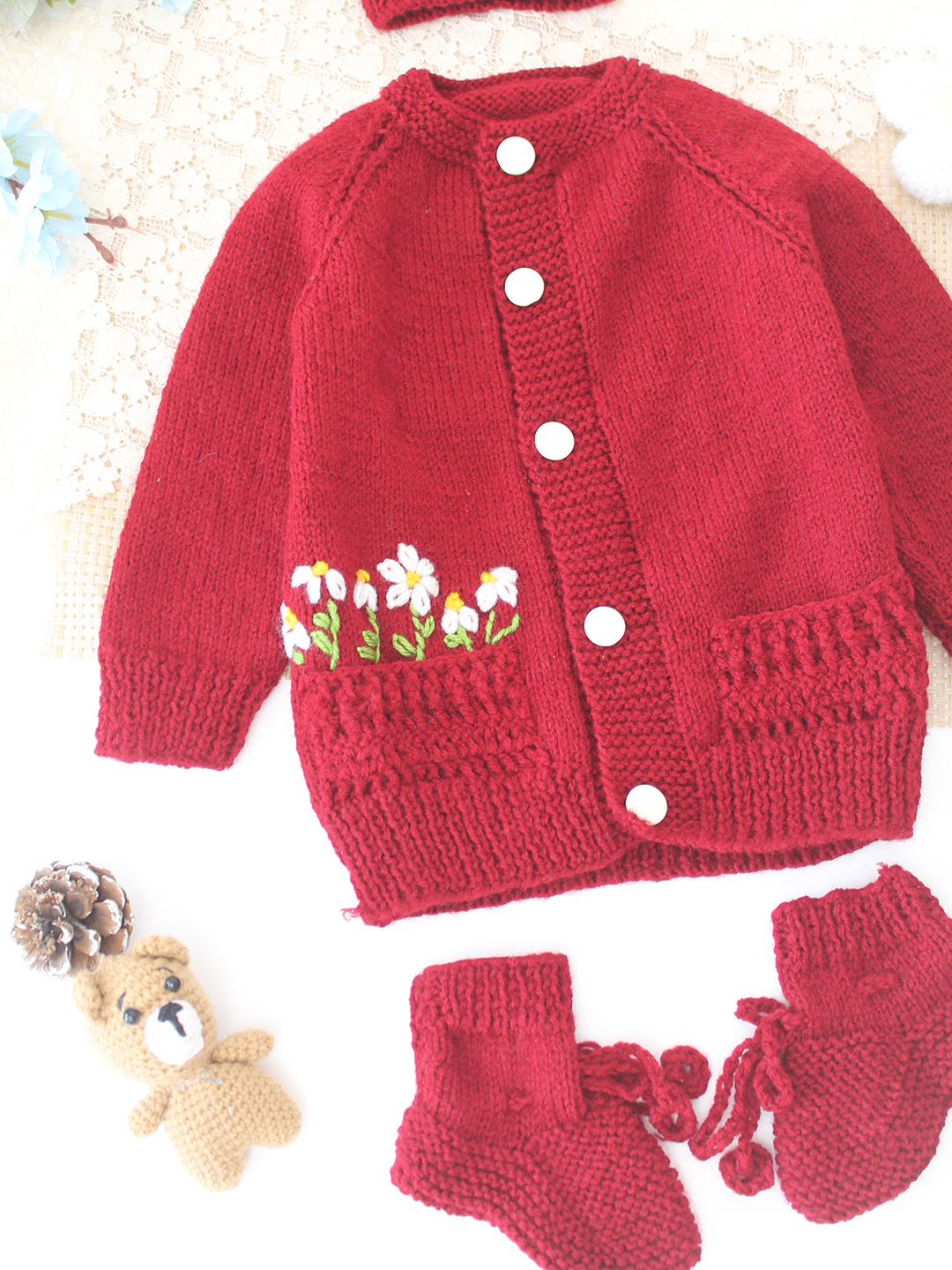 Woonie Handknitted Floral Embroidered Pocket Detailed Sweater with Cap & Socks - Maroon