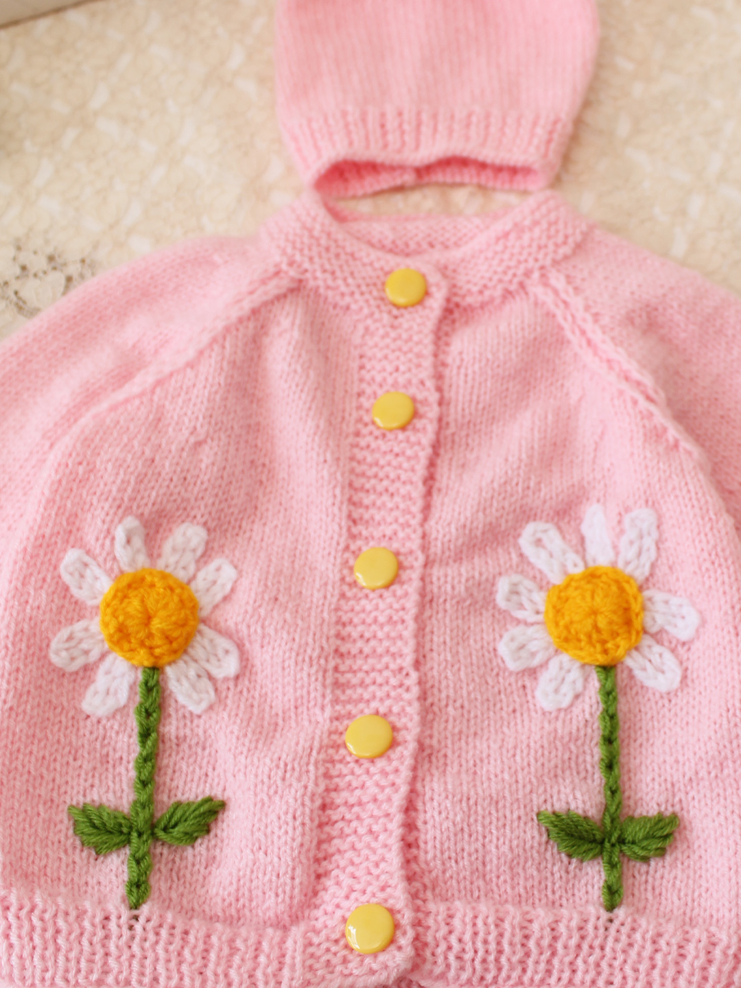 Woonie Handknitted Floral Embroidered Sweater with Cap & Socks - Pink