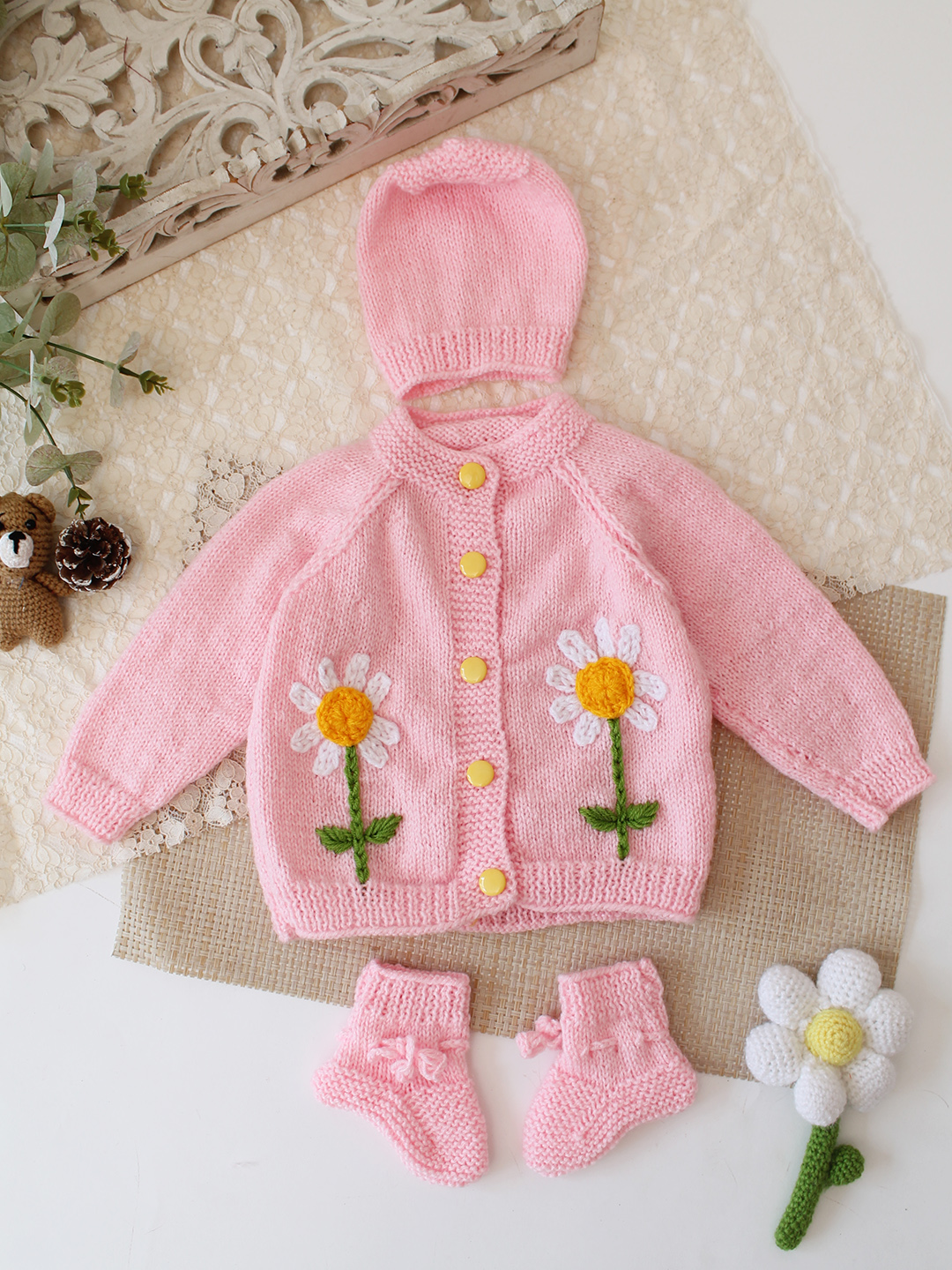 Woonie Handknitted Floral Embroidered Sweater with Cap & Socks - Pink