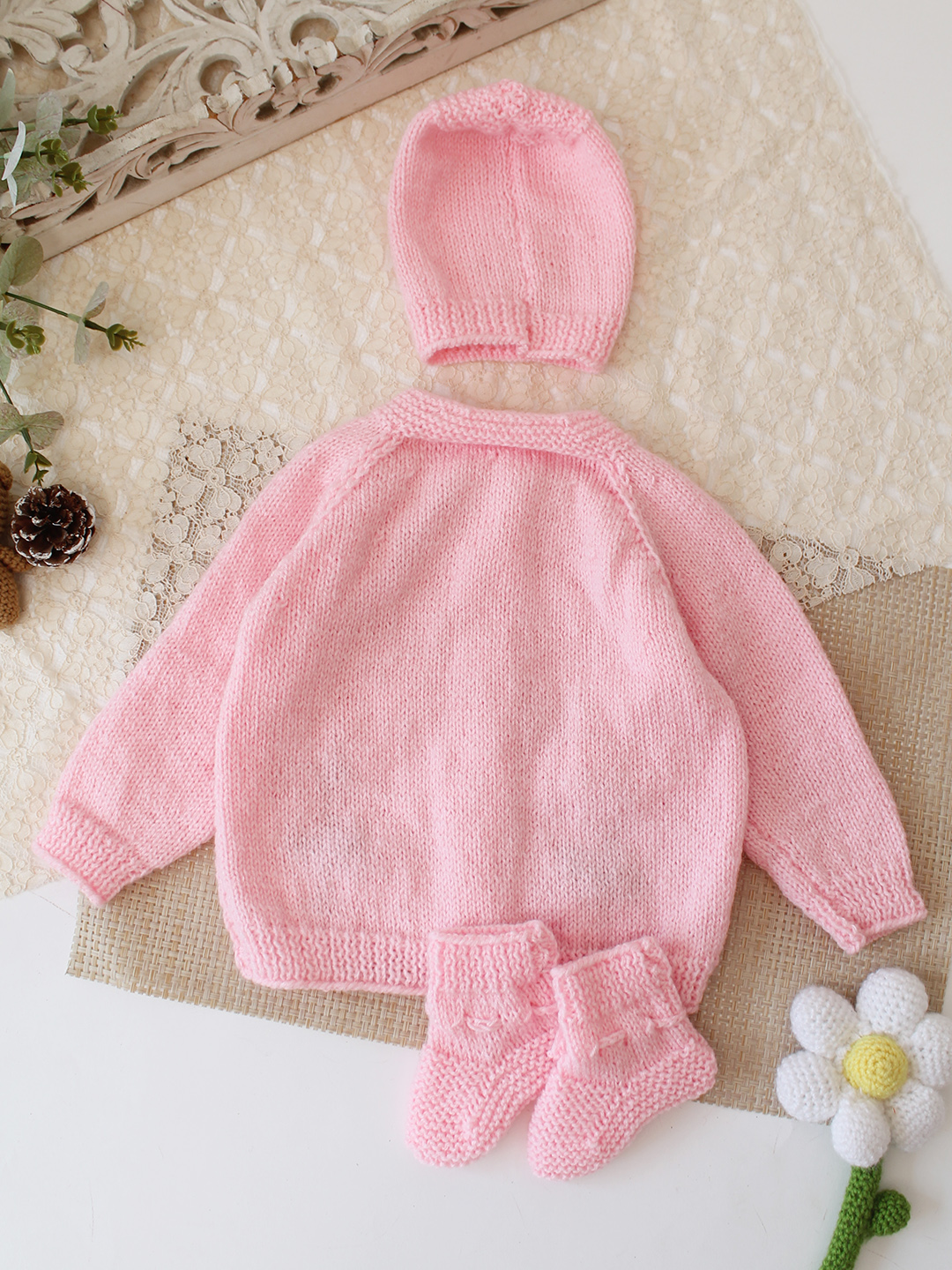 Woonie Handknitted Floral Embroidered Sweater with Cap & Socks - Pink