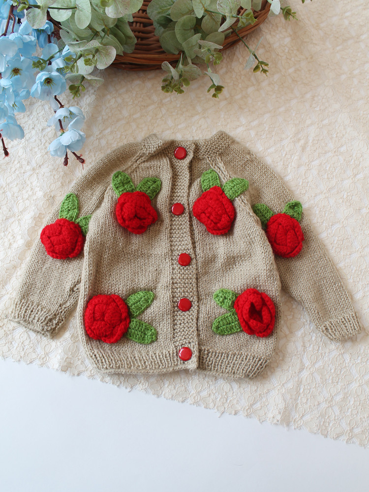 Image of Woonie Handknitted Floral Applique Sweater - Beige