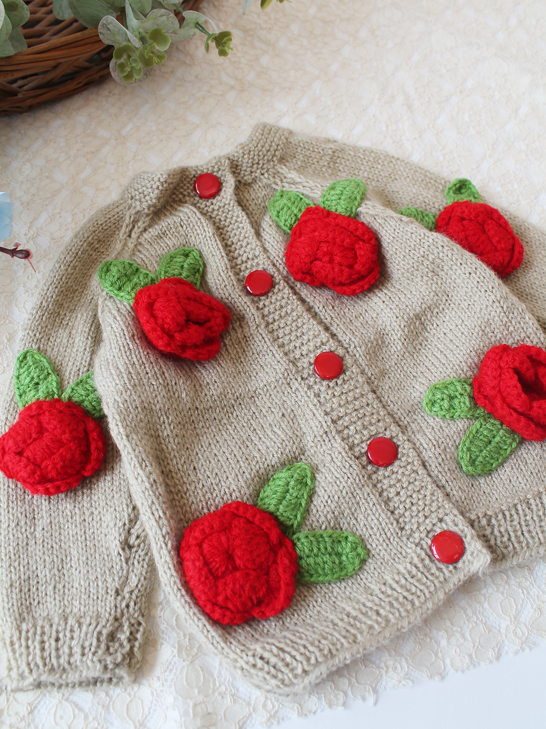 Woonie Handknitted Floral Applique Sweater - Beige