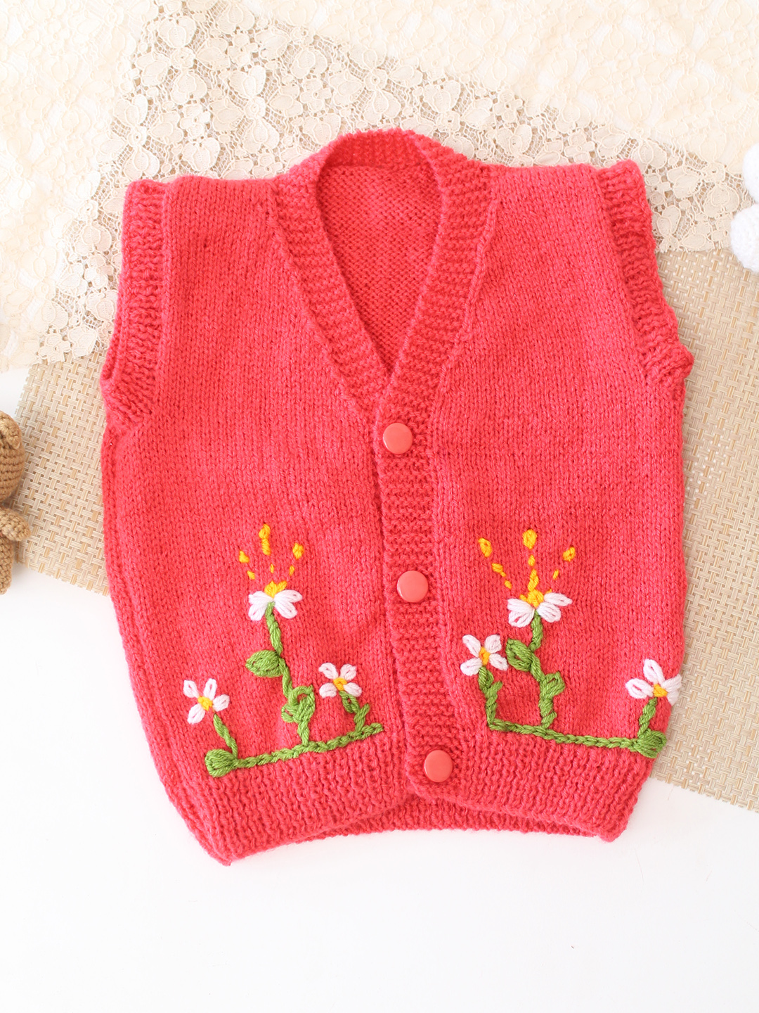 Woonie Handknitted Floral Embroidered SweaterVest - Coral Red