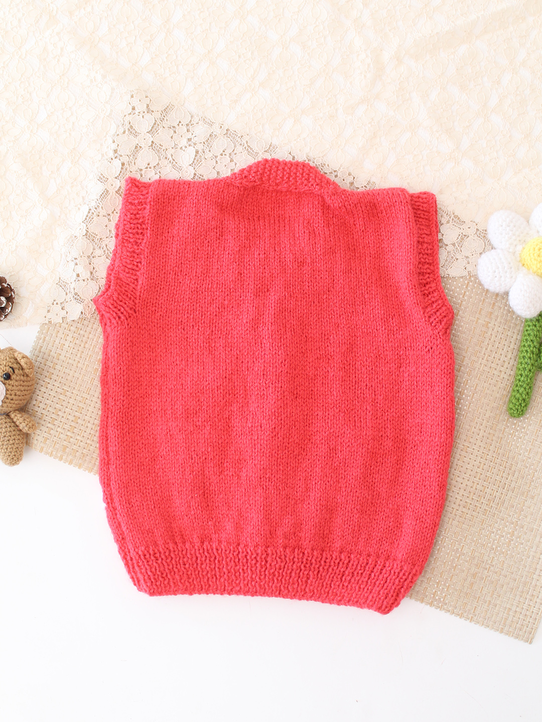 Woonie Handknitted Floral Embroidered SweaterVest - Coral Red