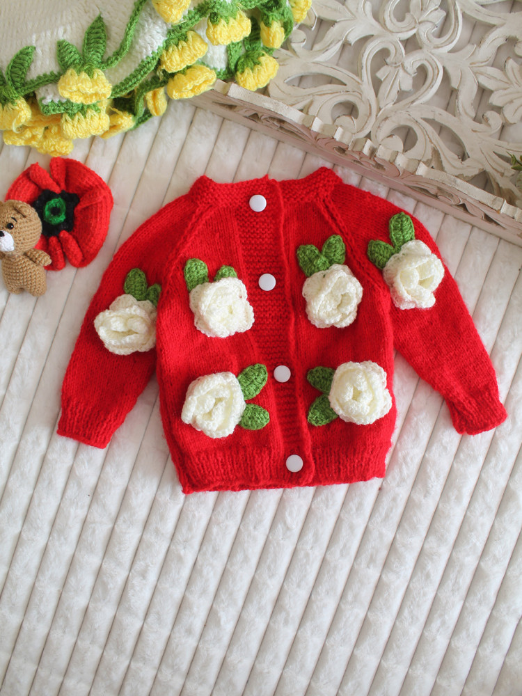 Image of Woonie Handknitted Floral Applique Sweater - Red
